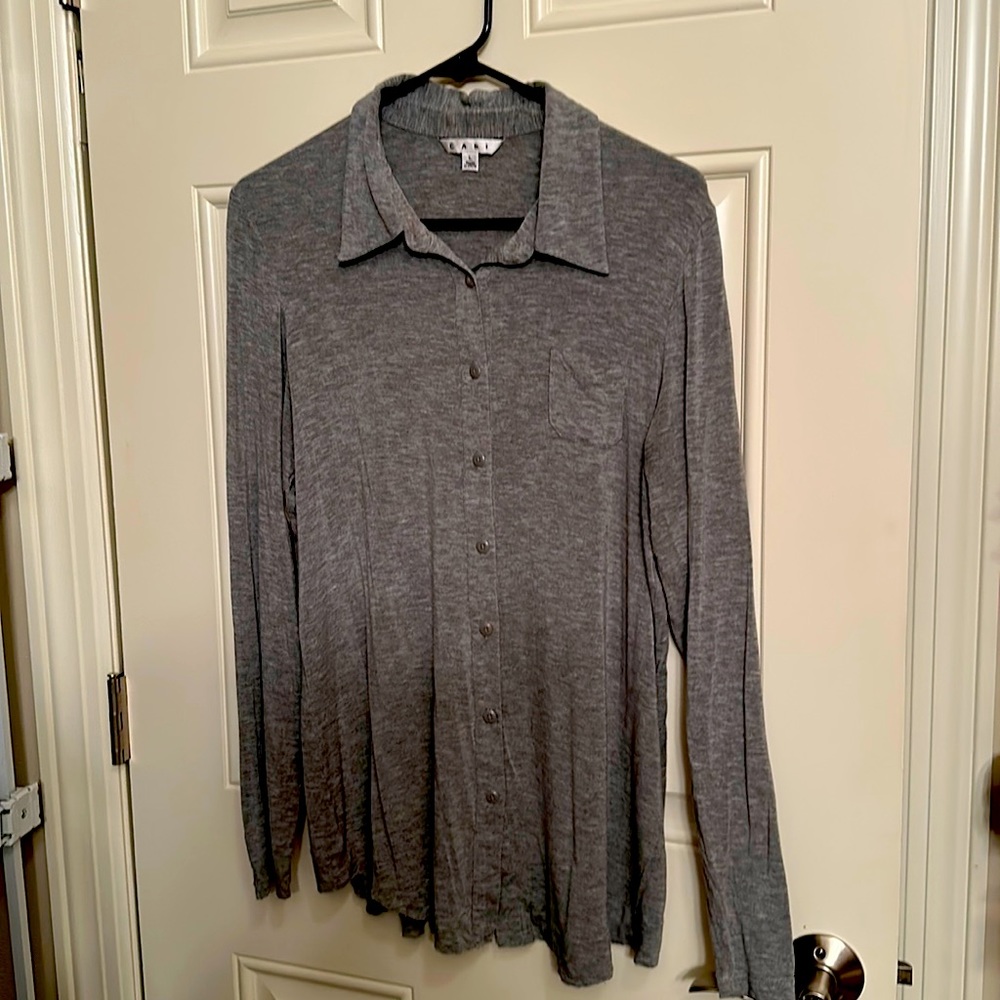 CAbi Grey, collared and button down long sleeve shirt. Size Large